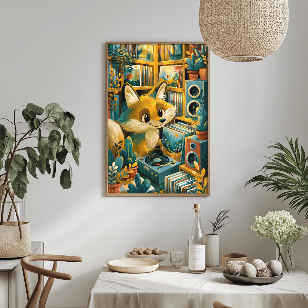 a vibrant and whimsical painting of a fox surrounded by various objects, including a record player, plants, and other decorative items, all set against a white wall.