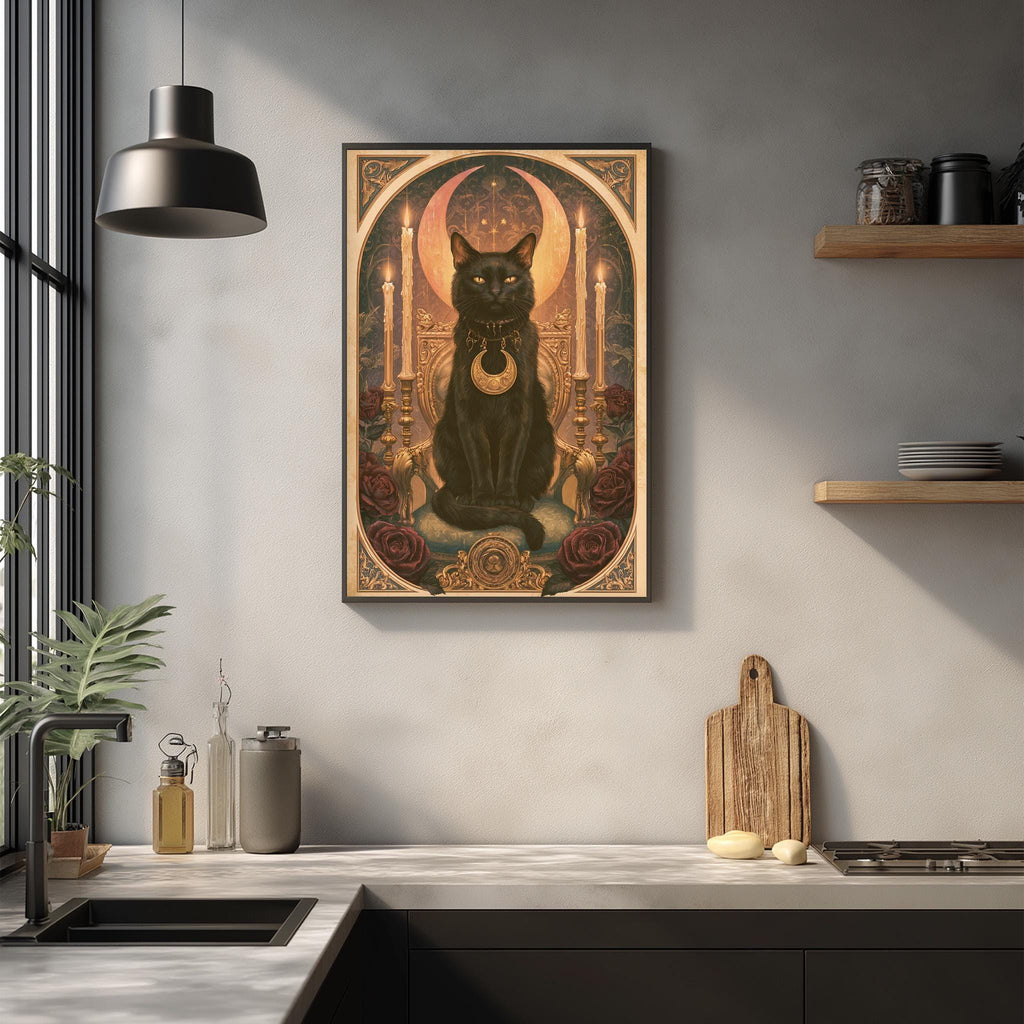 a framed artwork of a black cat sitting in a decorative frame, surrounded by various objects such as candles, a wooden cutting board, and a potted plant.