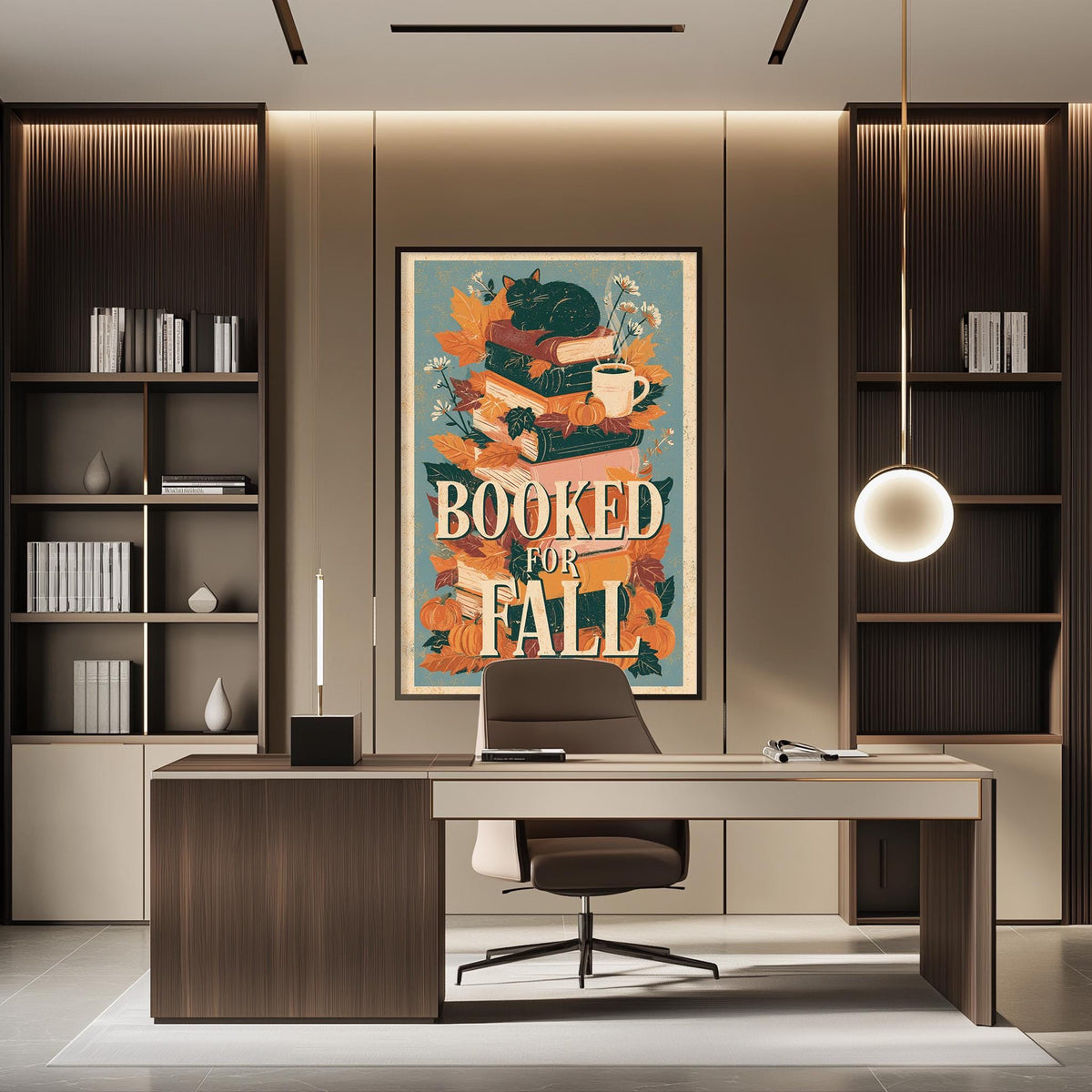 a modern office space with a large framed poster on the wall that reads "BOOKED FOR FALL". The office has a wooden desk, a chair, and a bookshelf filled with books. The overall design and decor suggest a professional and organized workspace.