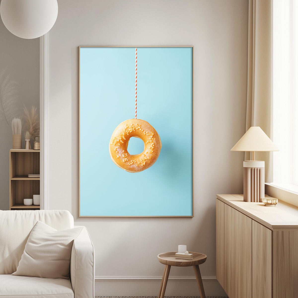 a cozy living room with a white sofa, a wooden side table, and a framed picture of a donut hanging on the wall.