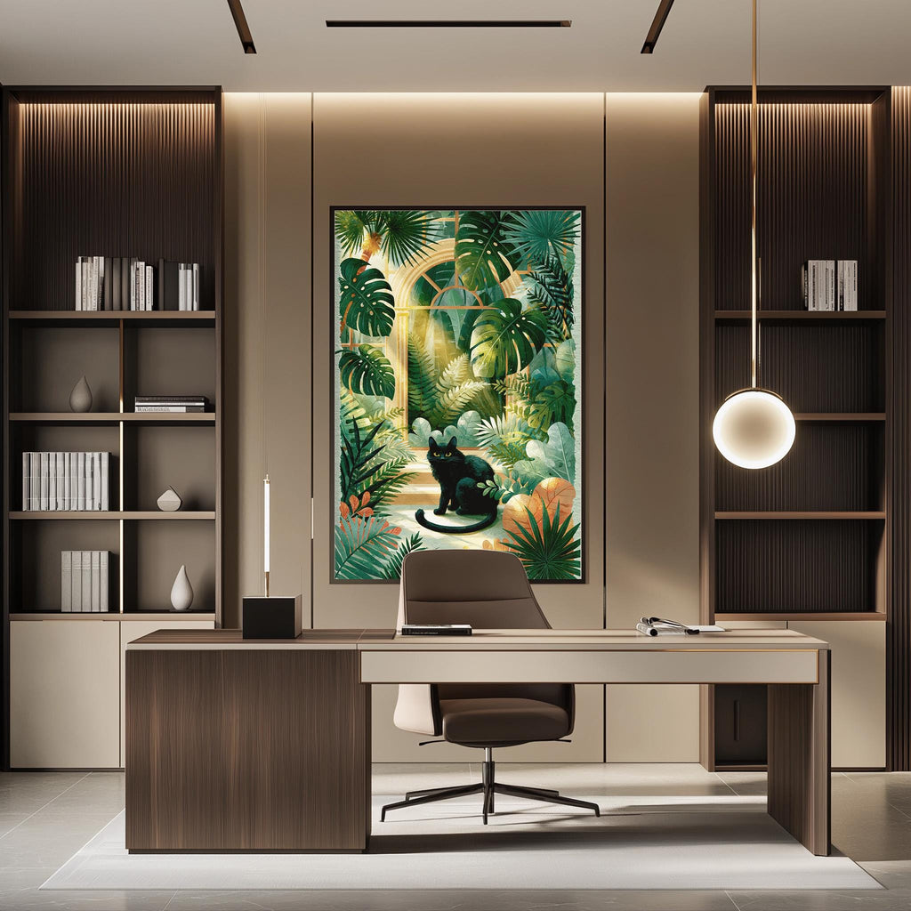a modern and stylish office space with a large tropical painting hanging on the wall behind a desk. The desk has a chair and a lamp, creating a comfortable workspace.