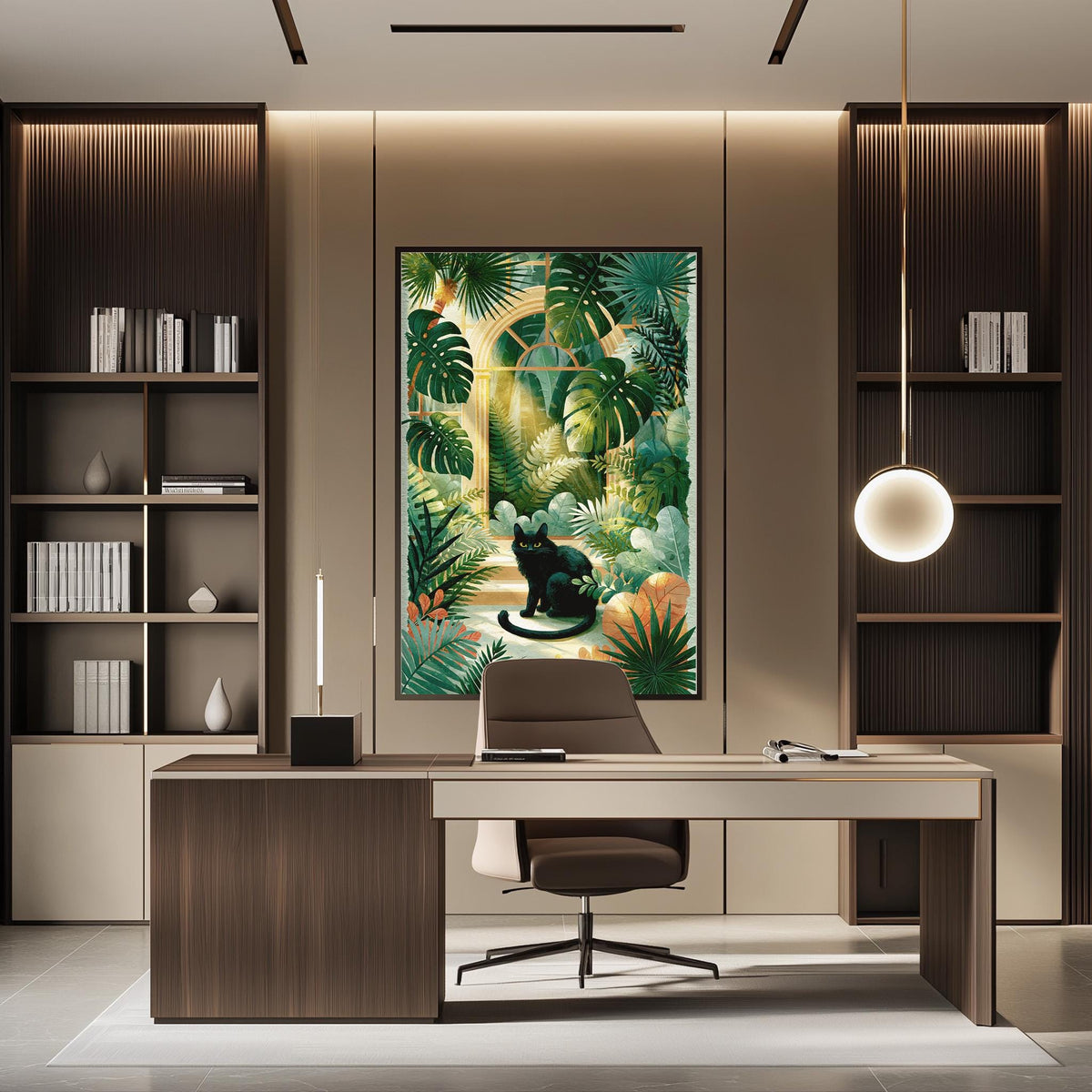 a modern and stylish office space with a large tropical painting hanging on the wall behind a desk. The desk has a chair and a lamp, creating a comfortable workspace.