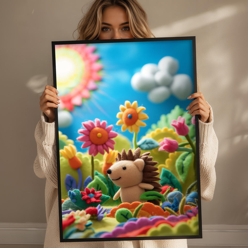 A woman holds up a framed picture depicting a colorful, whimsical garden scene with a hedgehog, flowers, and a blue sky with clouds.