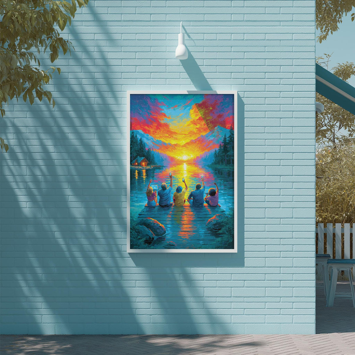 a vibrant painting of a group of people gathered around a lake, with a colorful sunset in the background.