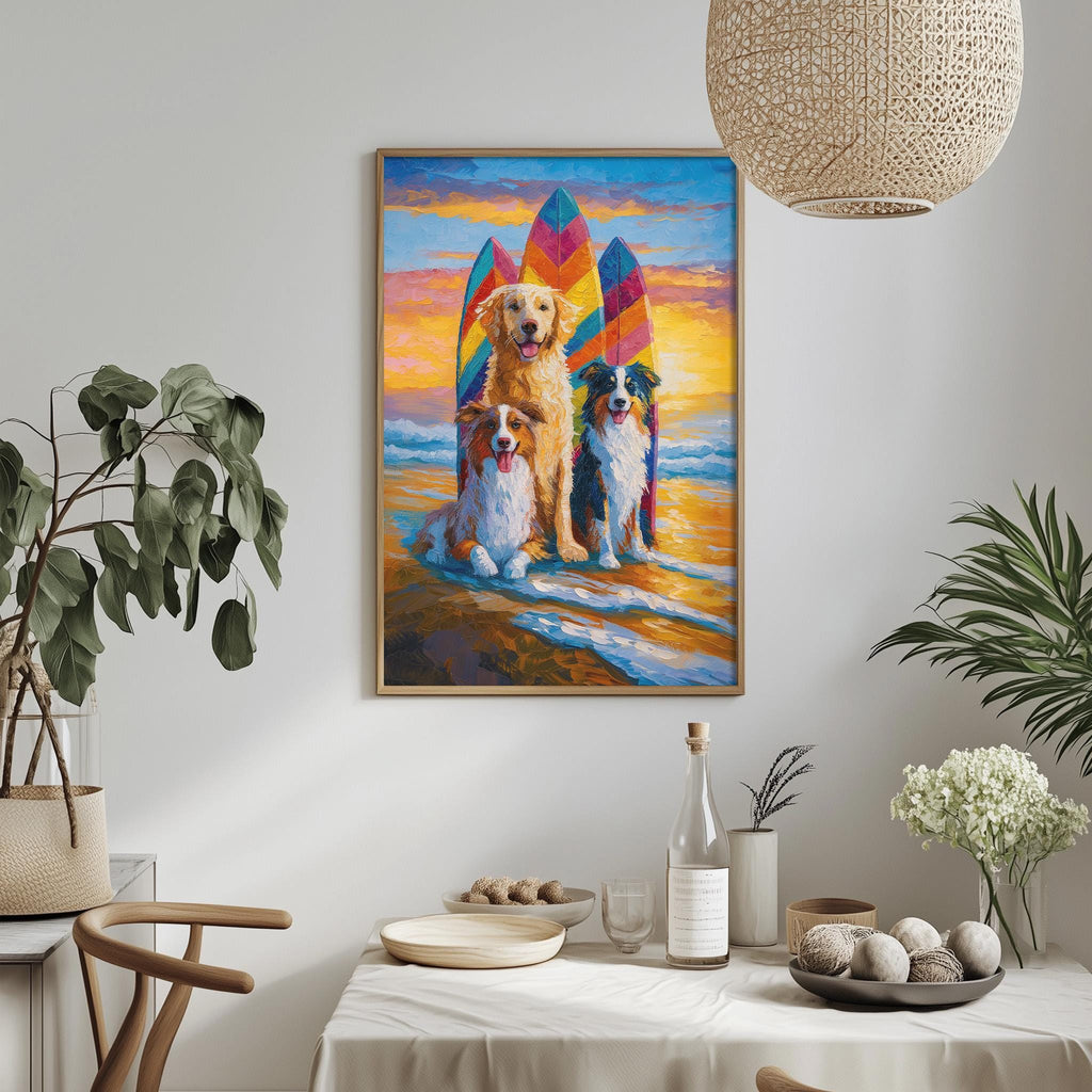 a painting of three dogs sitting on a beach with surfboards, surrounded by a colorful sunset and ocean backdrop.