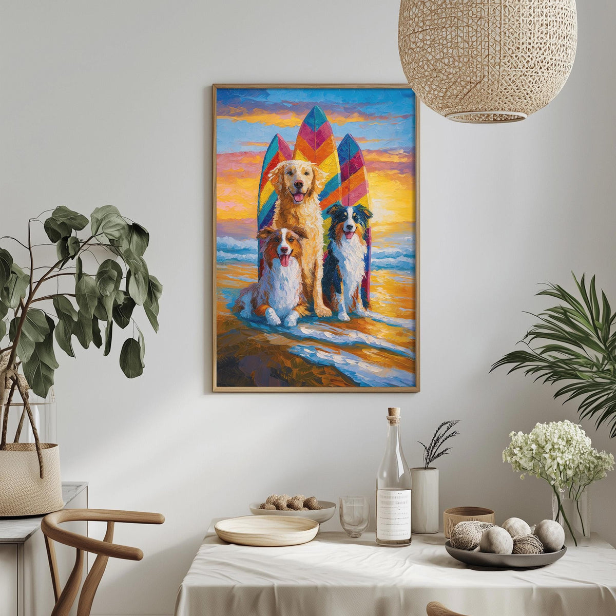 a painting of three dogs sitting on a beach with surfboards, surrounded by a colorful sunset and ocean backdrop.