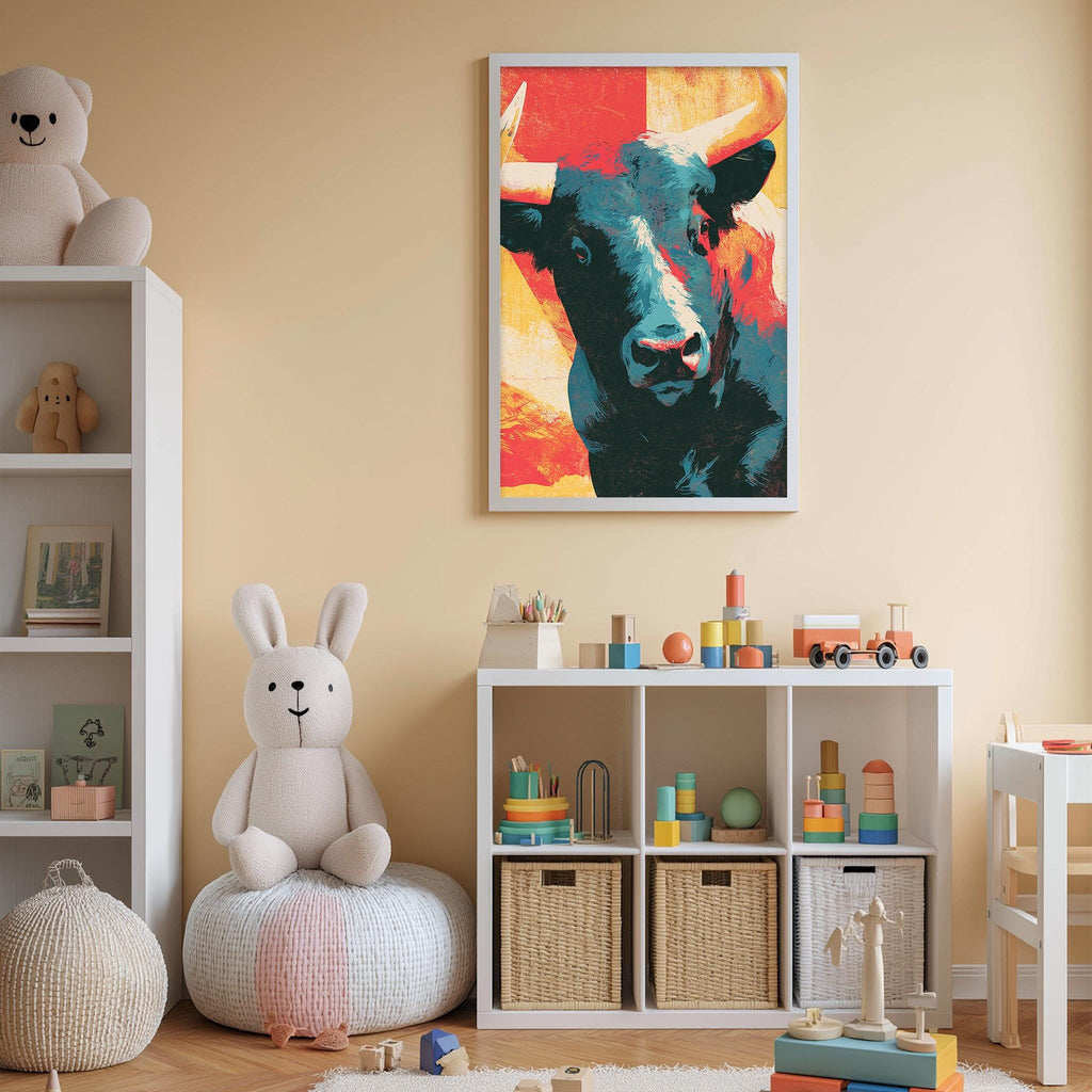 A child's bedroom with a large stuffed animal rabbit, a framed cow painting, and a toy shelf filled with various toys and storage bins.
