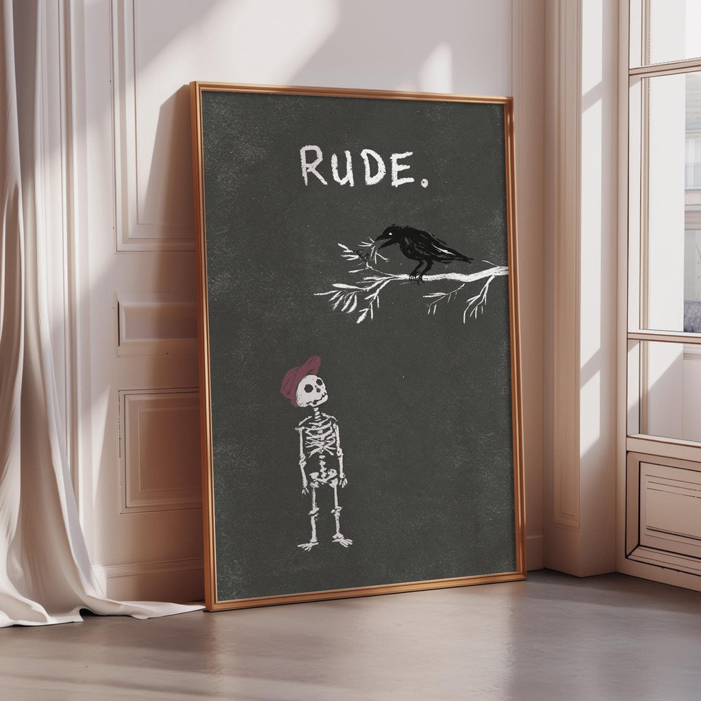 a skeleton wearing a red hat, standing next to a black bird on a branch.