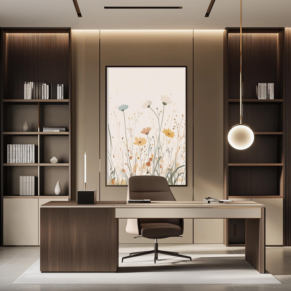 a modern and well-designed office space with a large window, wooden furniture, and a framed artwork featuring flowers on the wall.
