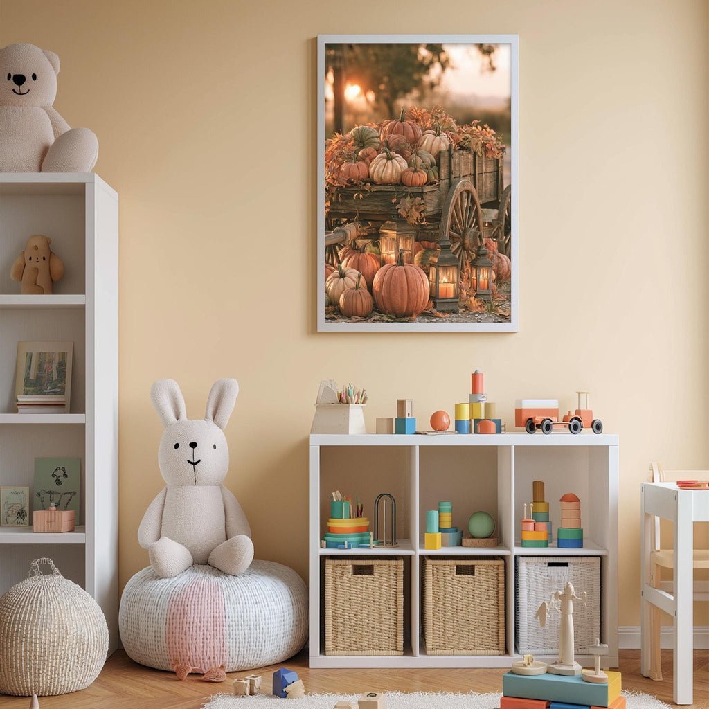 A cozy and colorful children's bedroom with a large stuffed bunny, a bookshelf, and a toy wagon filled with pumpkins. The walls are painted a light peach color, and a framed picture of pumpkins is displayed above the bookshelf.