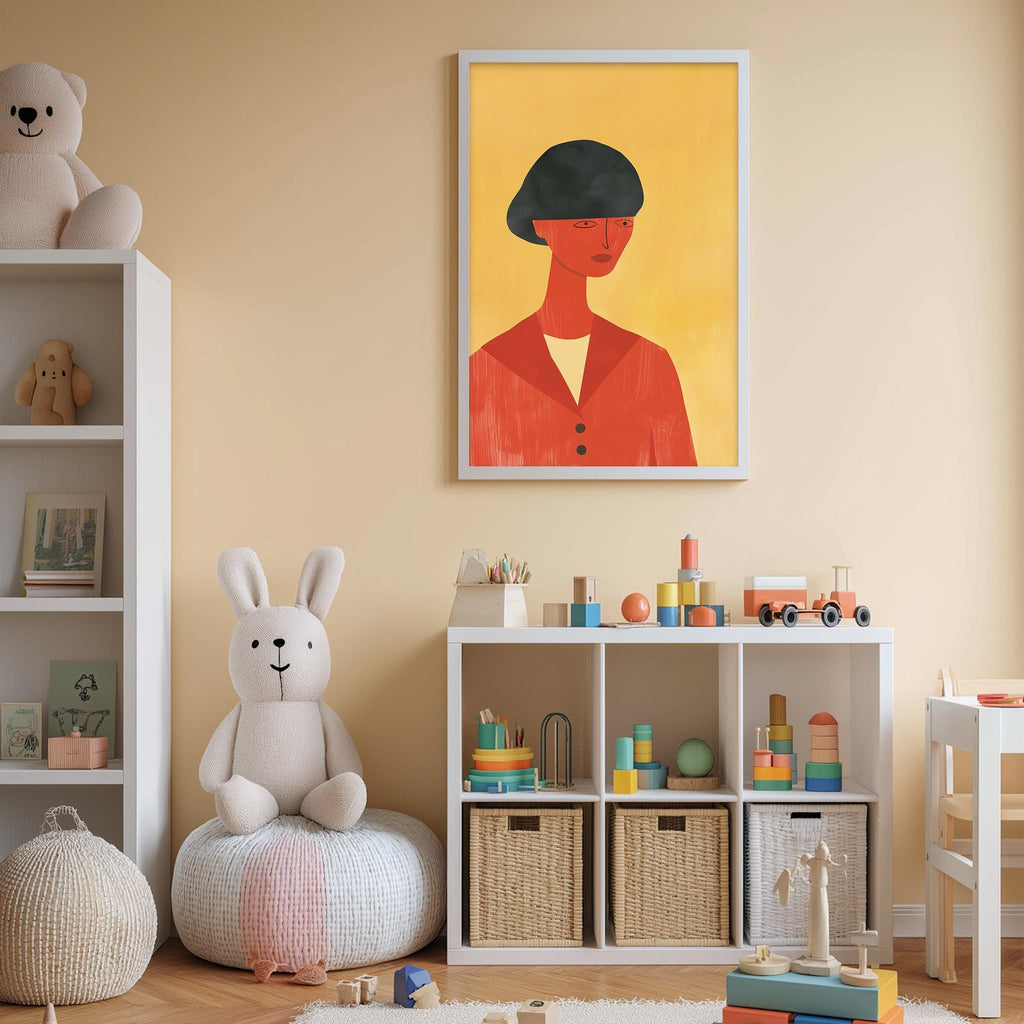 A cozy children's room with a white bookshelf, a plush rabbit, a colorful toy box, and a framed artwork of a woman on the wall.