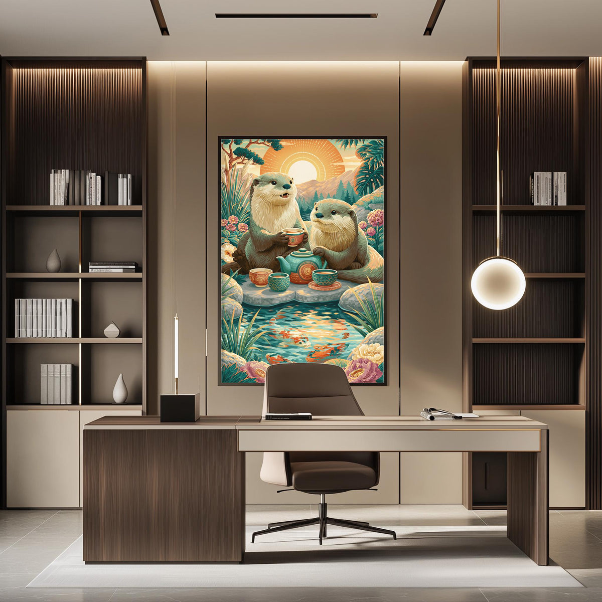 a modern office space with a large painting of two otters sitting by a pond, surrounded by lush greenery and flowers. The painting is hung on the wall above a wooden desk with a chair in front of it. The office also includes built-in bookshelves and a pendant light, creating a stylish and functional workspace.