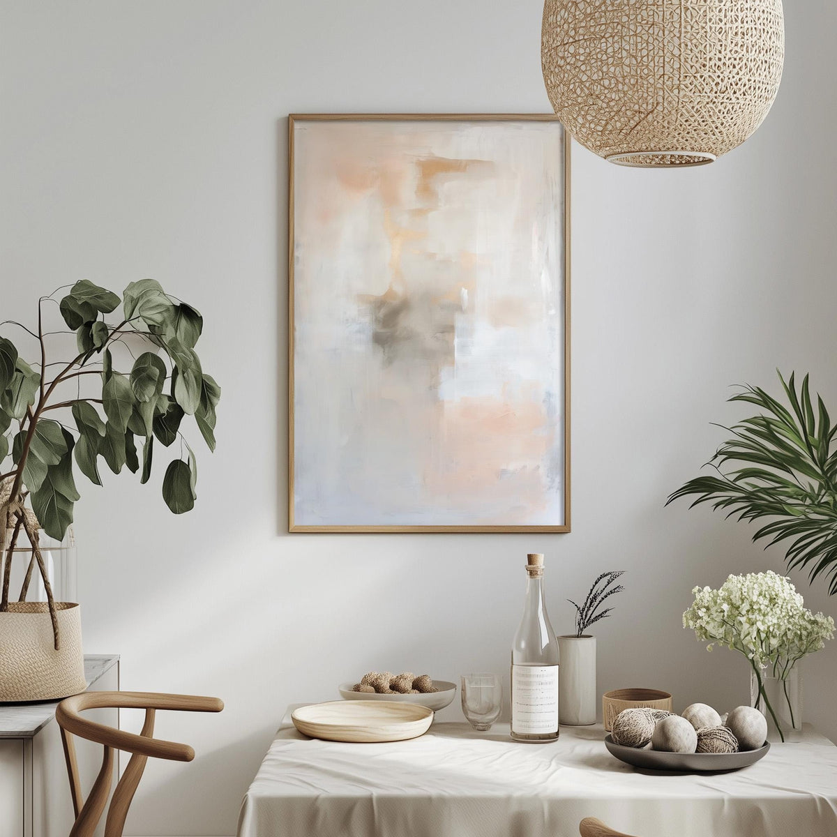 a serene and modern dining area with a white tablecloth, a framed abstract painting hanging on the wall, and various decorative elements such as potted plants, vases, and a bowl of fruit.
