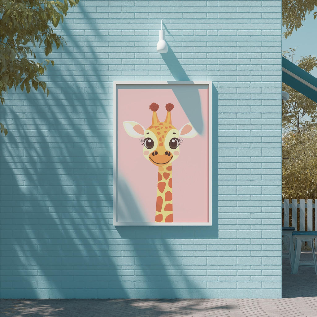 A framed illustration of a giraffe is displayed on a light blue brick wall, with a white light fixture above it.