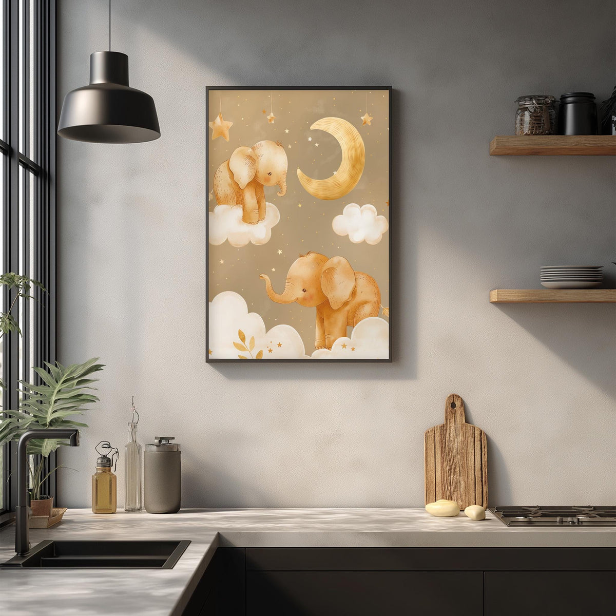 a kitchen counter with a framed picture of two elephants on clouds, a wooden cutting board, and various kitchen items such as a bottle, a can, and a bowl.