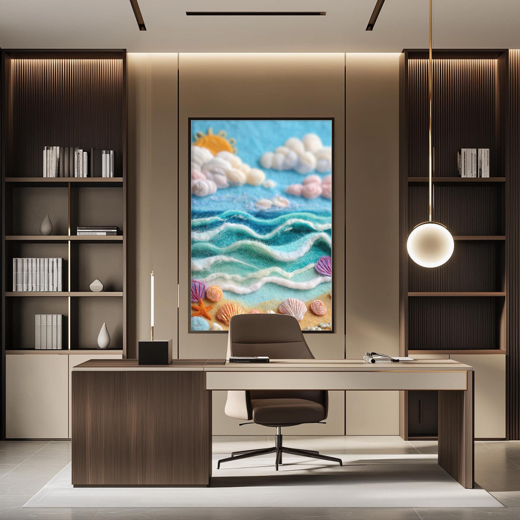 a modern office space with a large framed artwork depicting a seascape on the wall. The artwork is surrounded by bookshelves and a desk with a chair in the foreground.