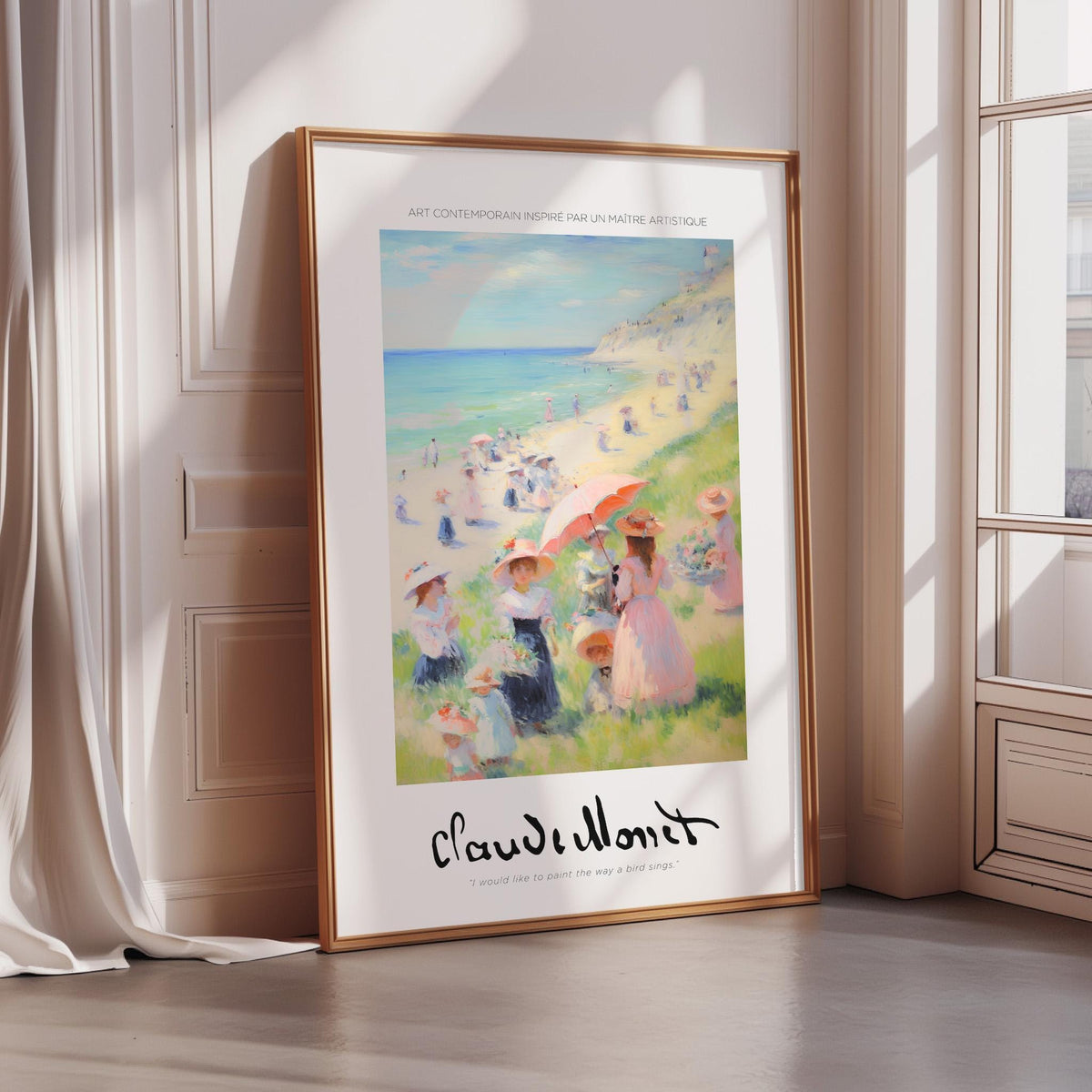 A framed painting depicting a beach scene with people enjoying the sun and sand.