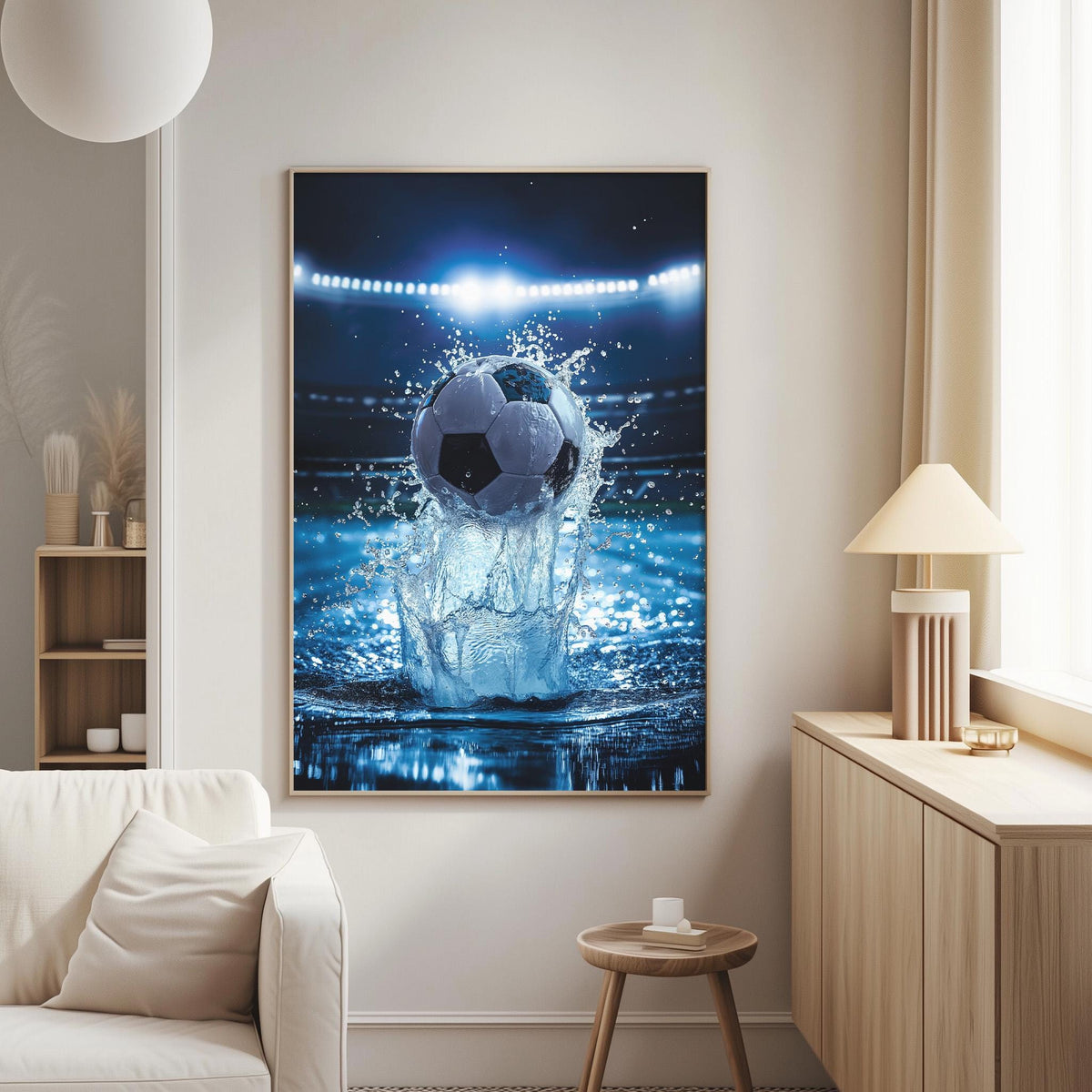 a large framed picture of a soccer ball in mid-air, surrounded by splashing water, creating a dynamic and energetic scene.