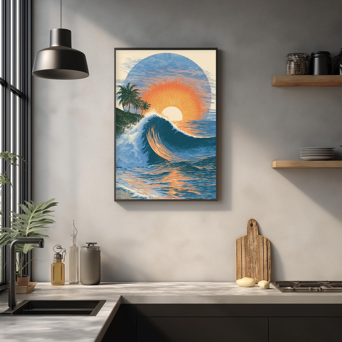 a kitchen counter with a framed painting of a tropical beach scene hanging above it. The painting depicts a large wave crashing against a palm tree, with a bright orange sun in the sky. The kitchen counter has various items on it, including a cutting board, a bottle, and a bowl.