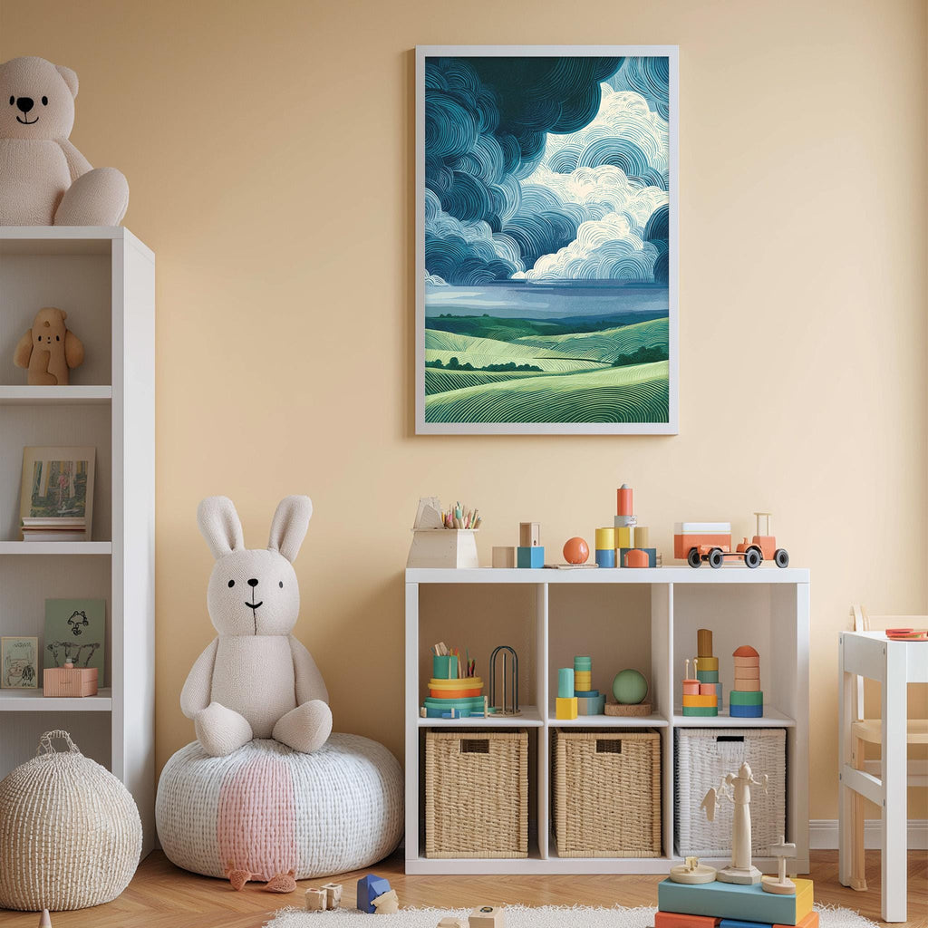 A cozy children's room with a large stuffed bunny, a bookshelf, and a colorful toy box filled with toys. A framed landscape painting hangs on the wall, and the room has a warm, inviting atmosphere.