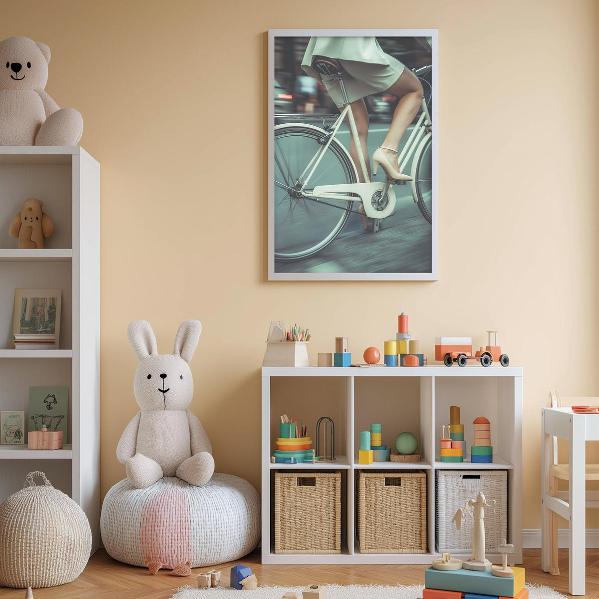 a child's bedroom with a bicycle on the wall, a stuffed rabbit on a chair, and a toy shelf filled with various toys.