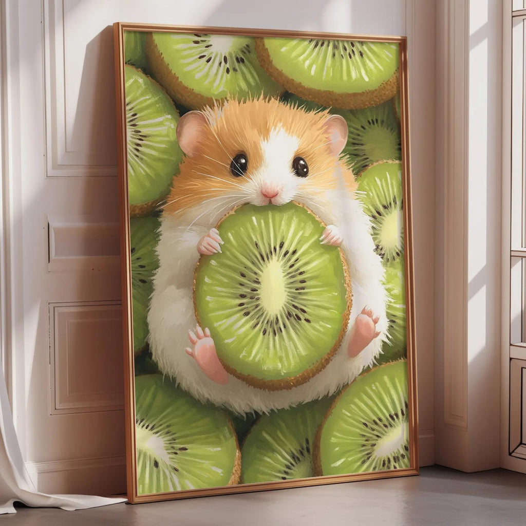 A framed illustration of a hamster holding a slice of kiwi fruit.