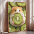 A framed illustration of a hamster holding a slice of kiwi fruit.