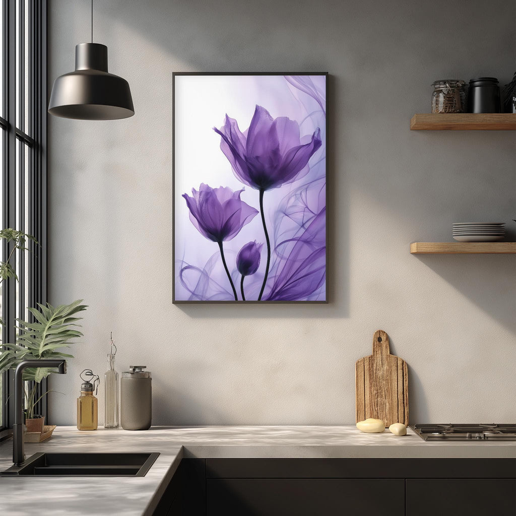 a kitchen counter with a framed purple flower painting hanging above it. The painting is a close-up of two purple flowers with a soft, ethereal glow. The kitchen counter has various items on it, including a wooden cutting board, a soap dispenser, and a small plant. The overall scene has a modern and minimalist aesthetic.