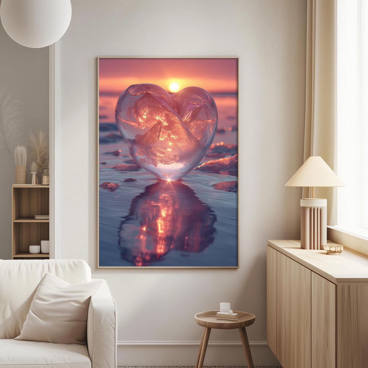 a large, heart-shaped glass sculpture with a glowing, radiant interior, set against a serene sunset backdrop.