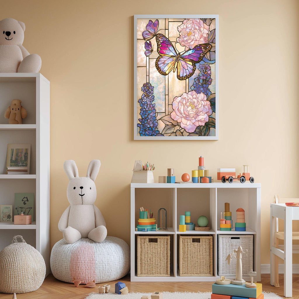 A child's bedroom with a white bookshelf, a stuffed rabbit, and a colorful butterfly painting on the wall.