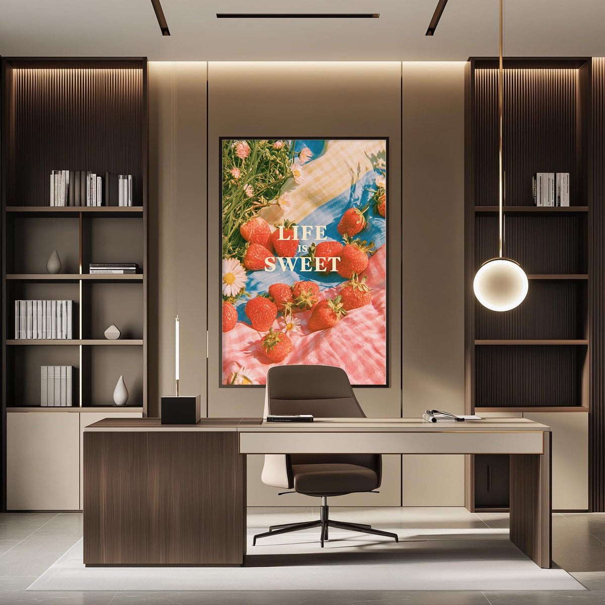 a modern office space with a large framed poster of strawberries on the wall, a desk with a chair, and a bookshelf.