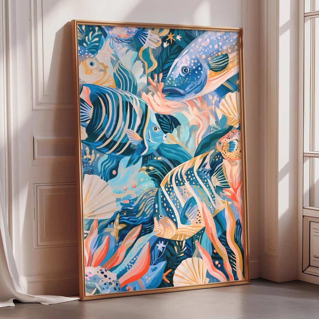a large, colorful painting of a vibrant underwater scene with various fish and marine life.