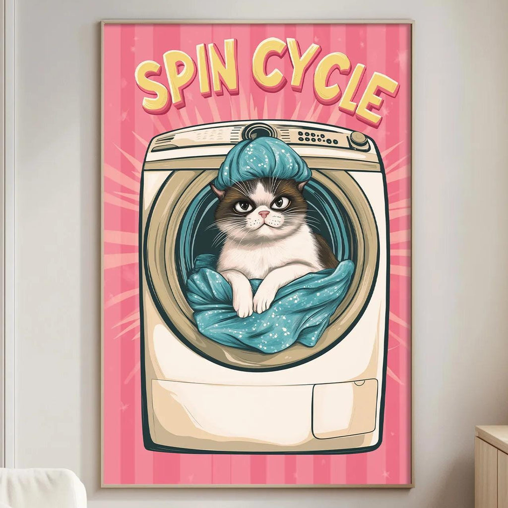 a poster of a cat sitting inside a washing machine, with the text "SPIN CYCLE" prominently displayed.