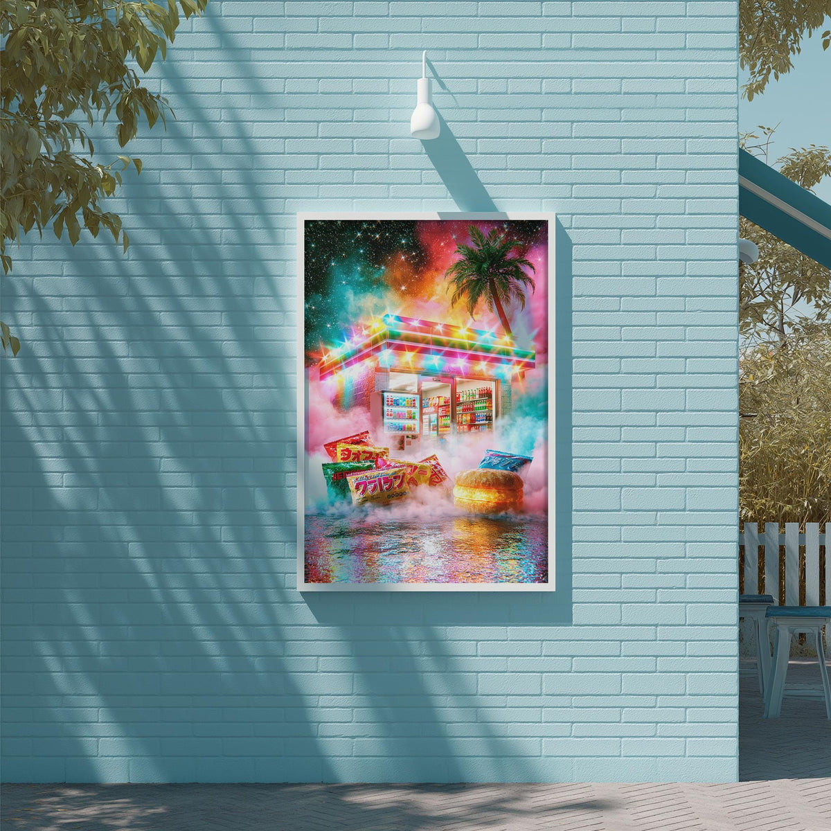 A vibrant and colorful painting of a beach scene, featuring a palm tree, a building with a neon sign, and a fountain with floating objects.