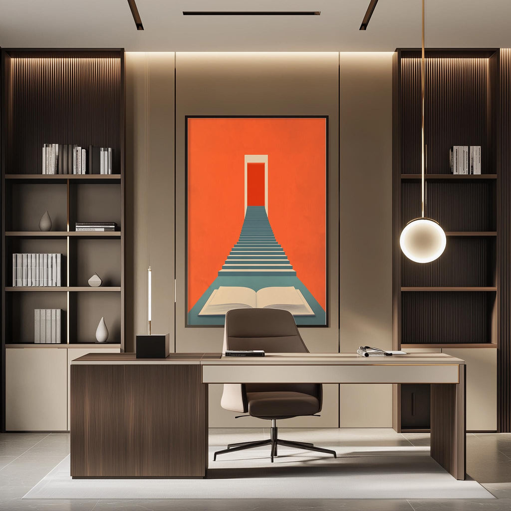 a modern and minimalist office space with a large abstract painting on the wall featuring a staircase leading to a red door. The office is furnished with a desk, chair, and shelving units, creating a professional and organized atmosphere.