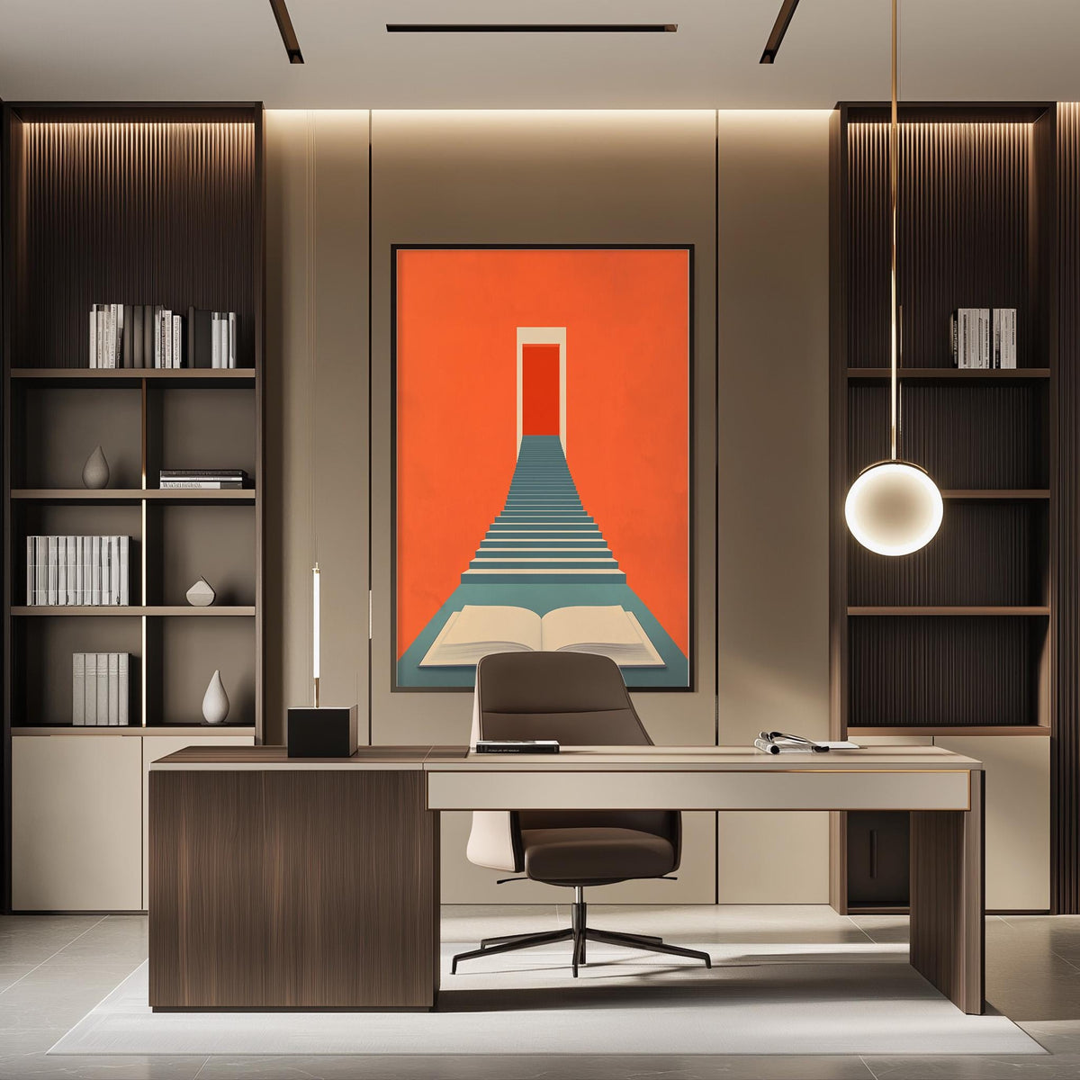 a modern and minimalist office space with a large abstract painting on the wall featuring a staircase leading to a red door. The office is furnished with a desk, chair, and shelving units, creating a professional and organized atmosphere.