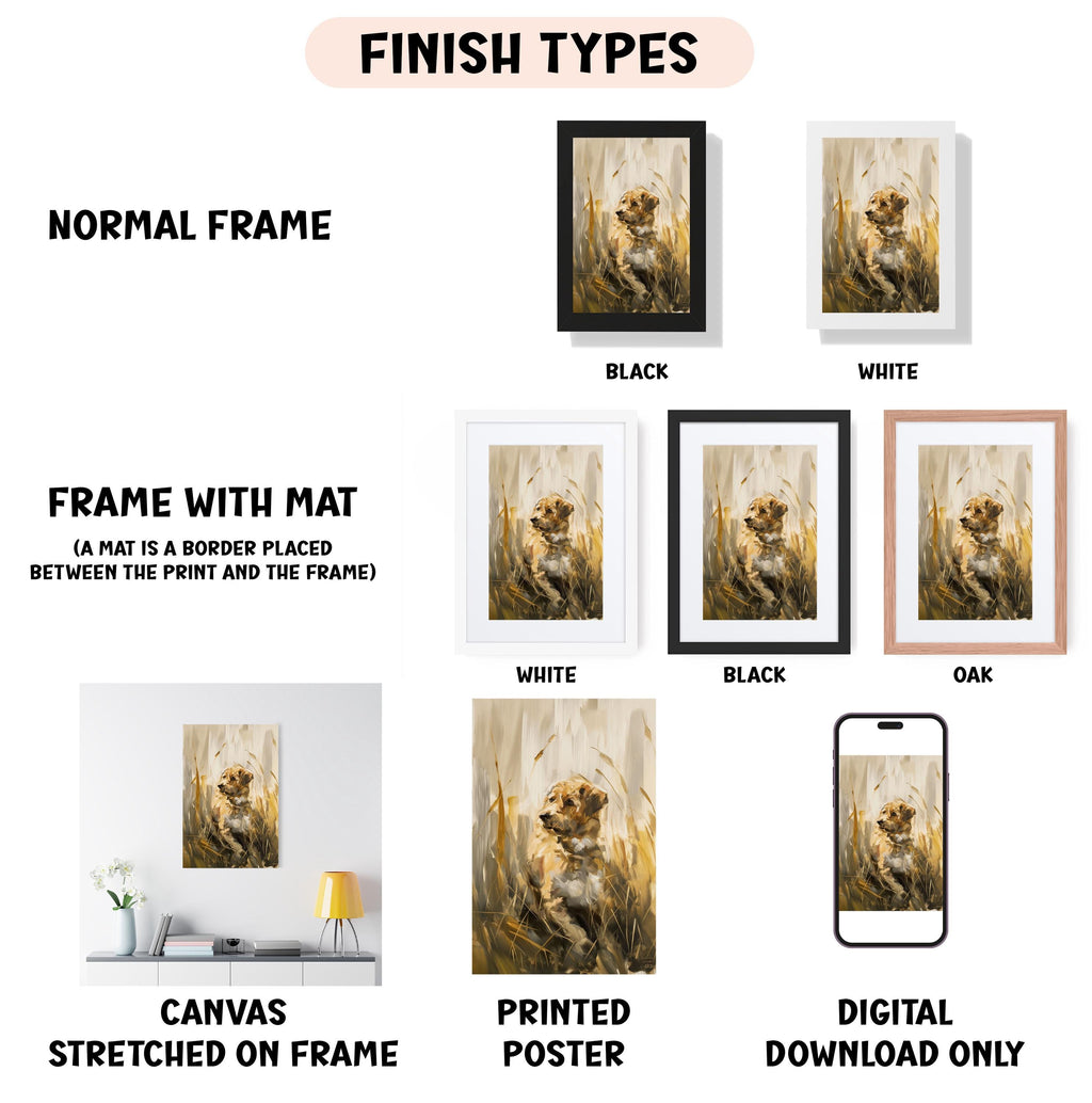 various types of artwork, including a canvas stretched on a frame, a framed poster, and a digital poster. The artwork is presented in different frame colors and styles, such as a normal frame, a black frame, a white frame, and an oak frame. The artwork is also described as a canvas stretched on a frame, a printed poster, and a digital download only. The image is a collage of multiple images, and the text provides information about the artwork, such as the finish types and the materials used.