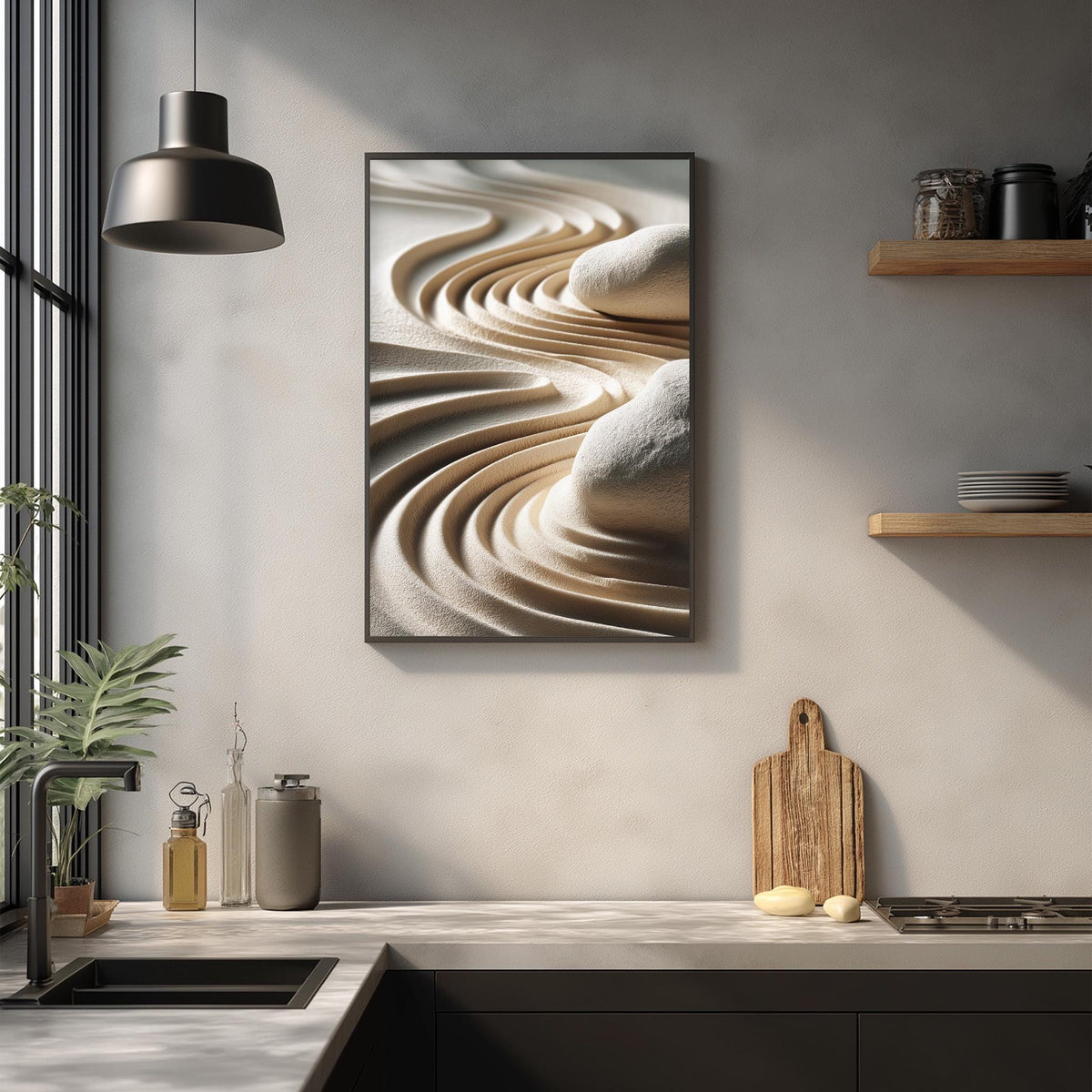 a modern kitchen with a large abstract painting hanging on the wall above a wooden cutting board and other kitchen items.