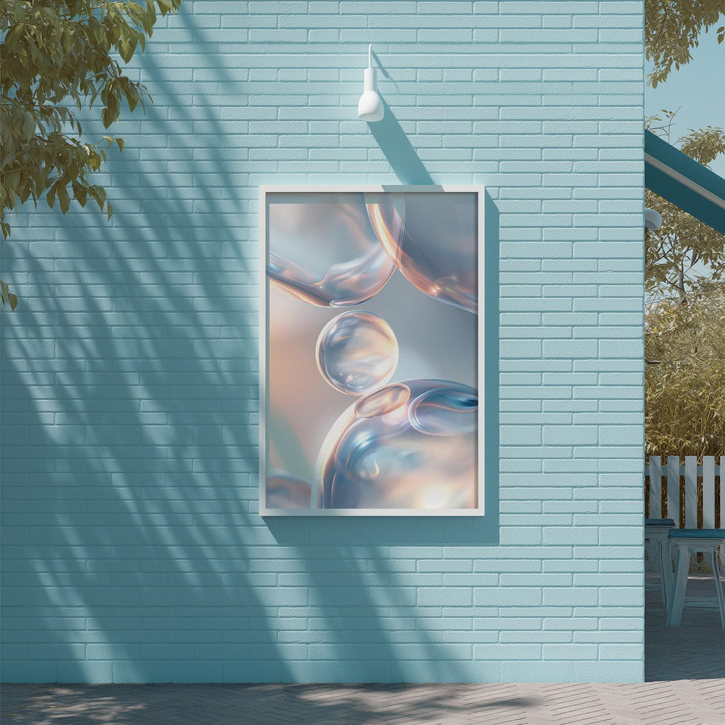 a blue brick wall with a framed picture of bubbles hanging on it.