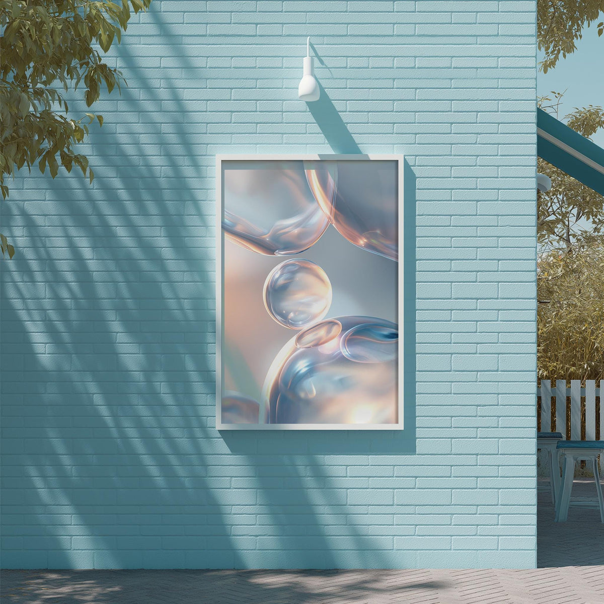 a blue brick wall with a framed picture of bubbles hanging on it.