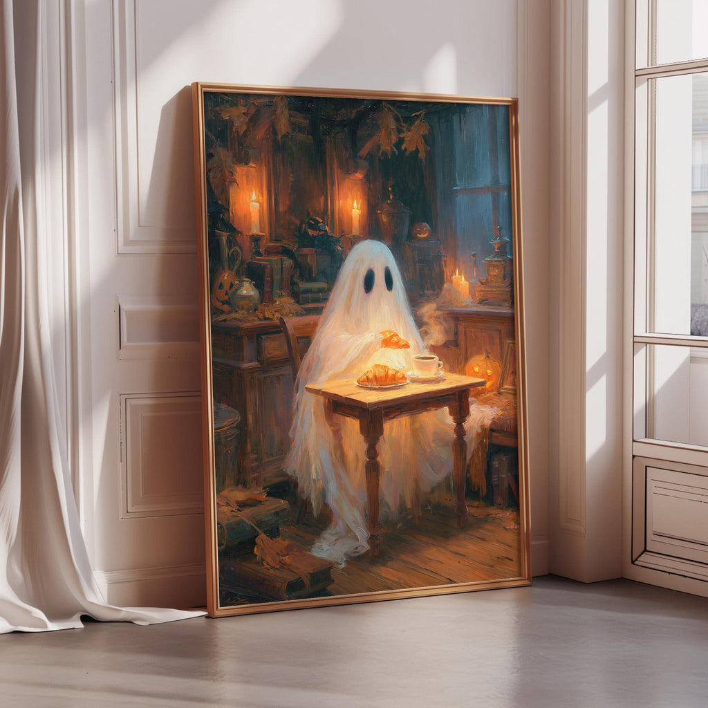 The image is a painting depicting a ghost sitting at a table with a plate of food, surrounded by various objects and a candlelit atmosphere.