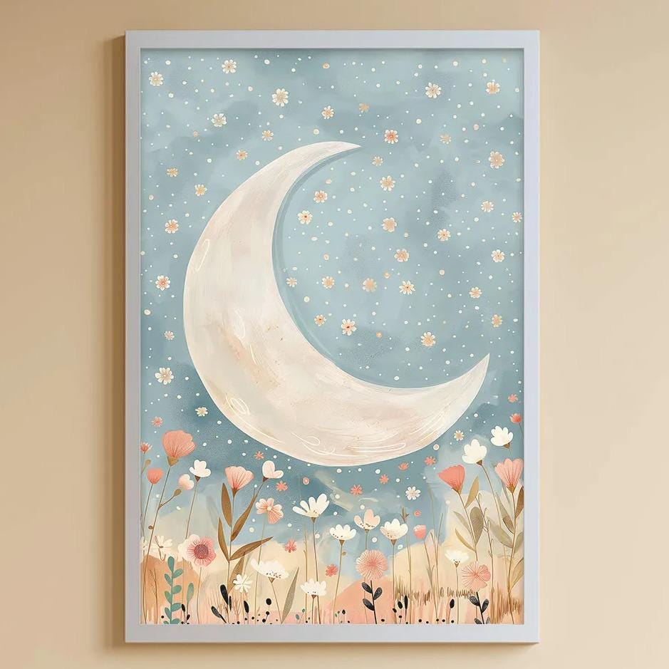 A cozy and colorful children's bedroom with a large crescent moon painting on the wall, a white bookshelf filled with toys, and a plush rabbit sitting on a bean bag chair.