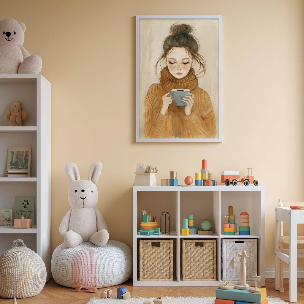 A cozy children's room with a large painting of a woman, a stuffed rabbit, and a toy shelf filled with toys and storage bins.