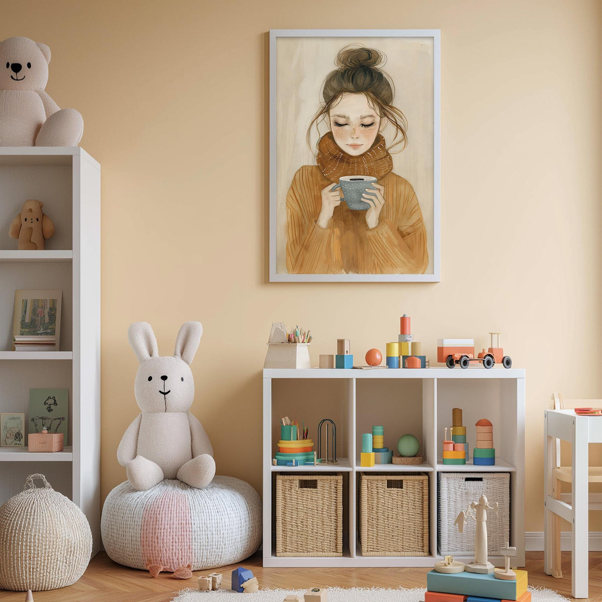 A cozy children's room with a large painting of a woman, a stuffed rabbit, and a toy shelf filled with toys and storage bins.