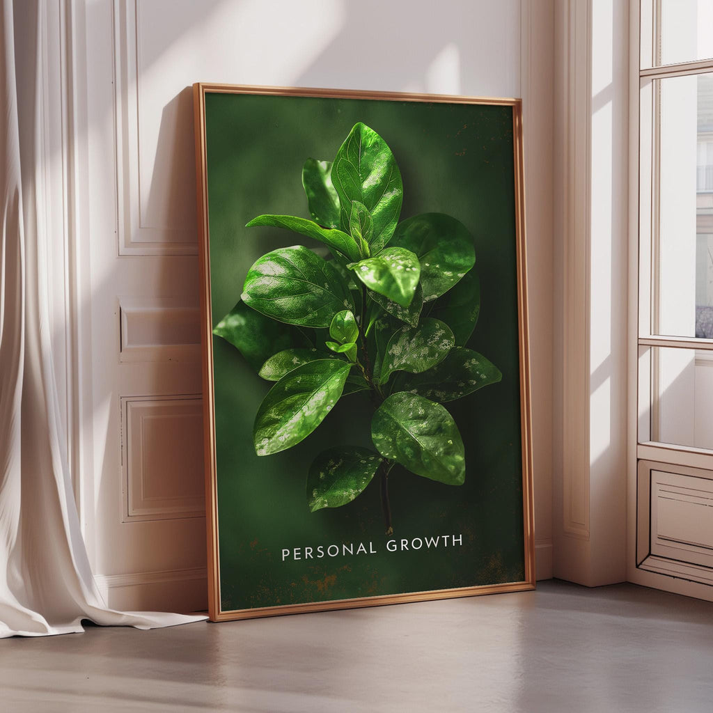 a large framed poster with a close-up of a green plant with large leaves, placed on a wall near a window.