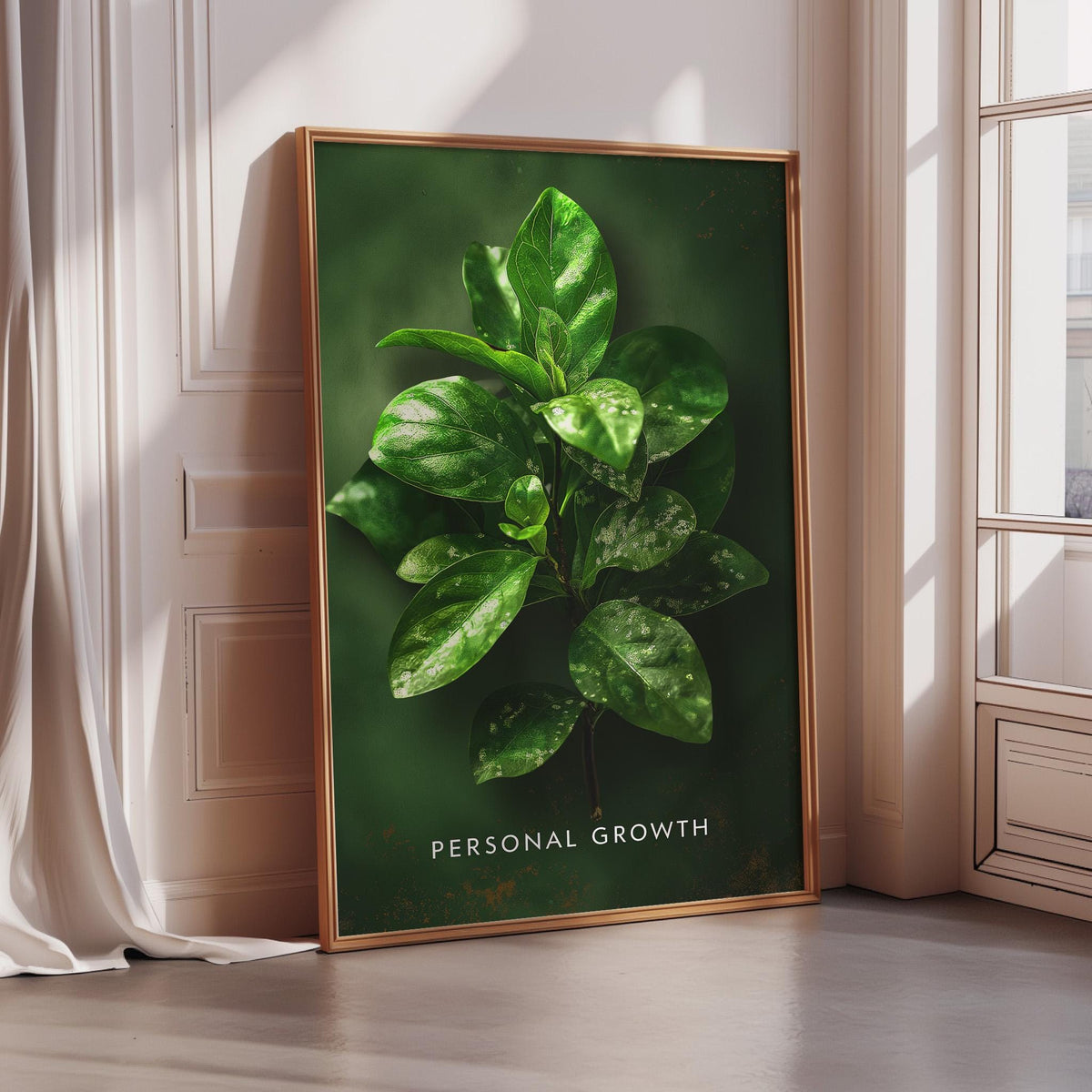 a large framed poster with a close-up of a green plant with large leaves, placed on a wall near a window.