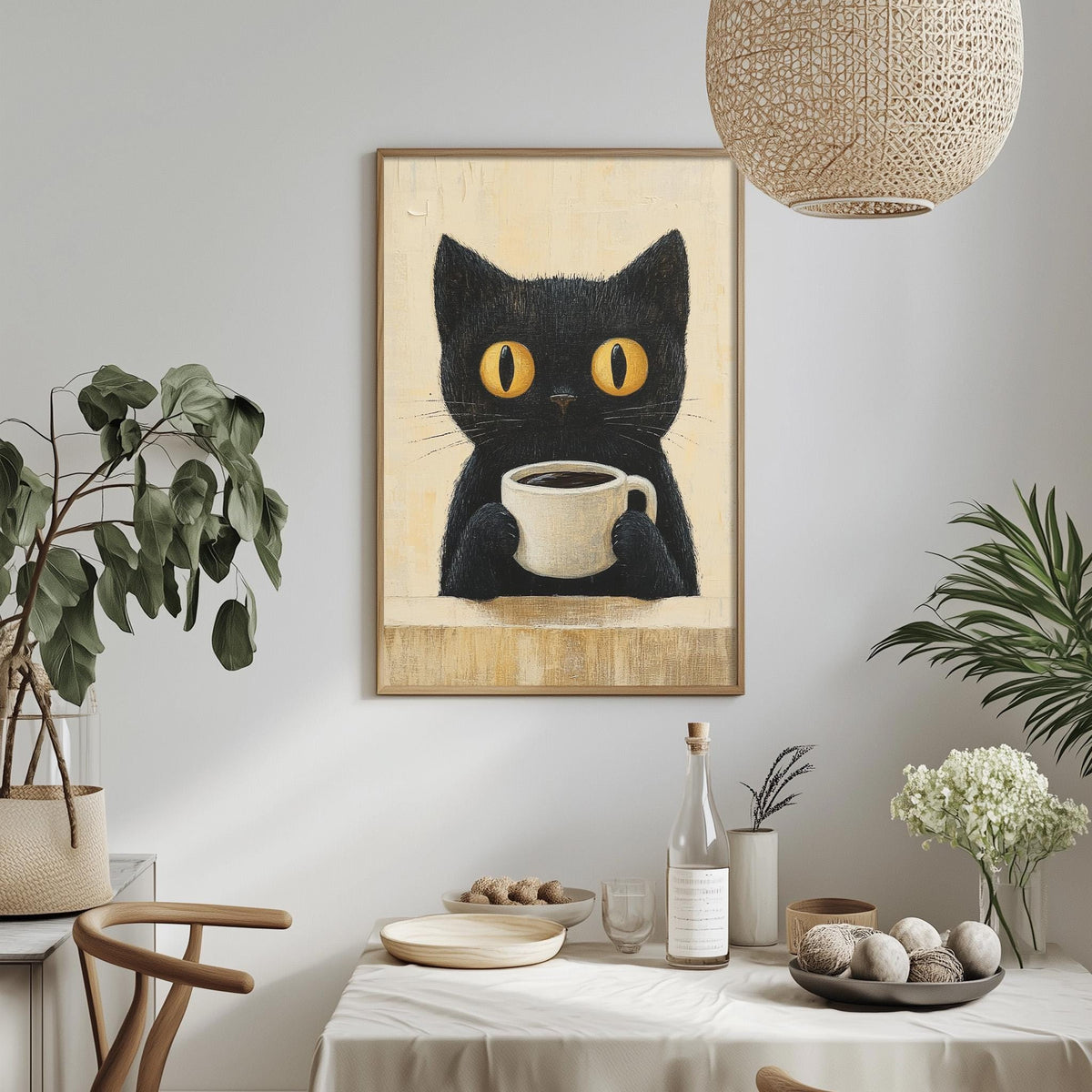 a black cat holding a cup of coffee, with a framed picture of the cat hanging on the wall above a table with various items on it.