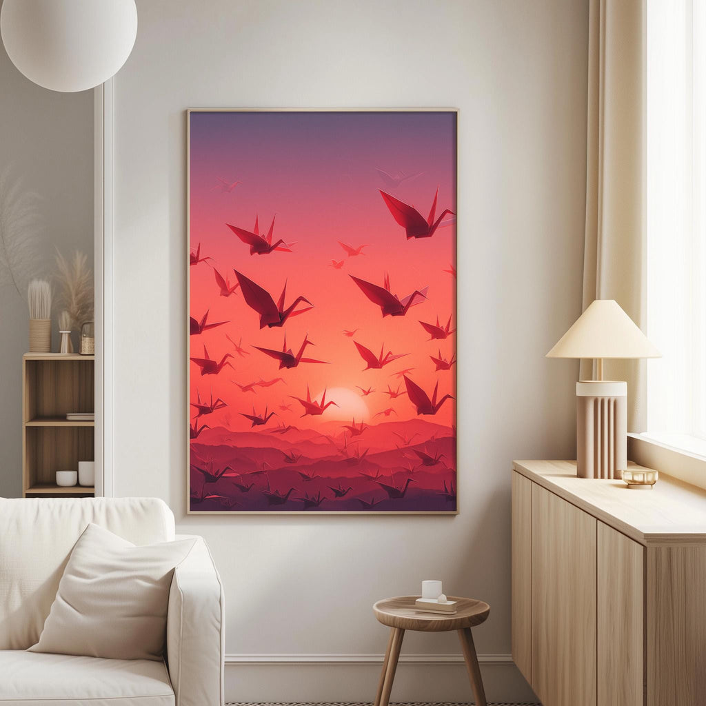 a large framed poster of a flock of red origami birds against a sunset-like background, hanging on a wall in a living room.