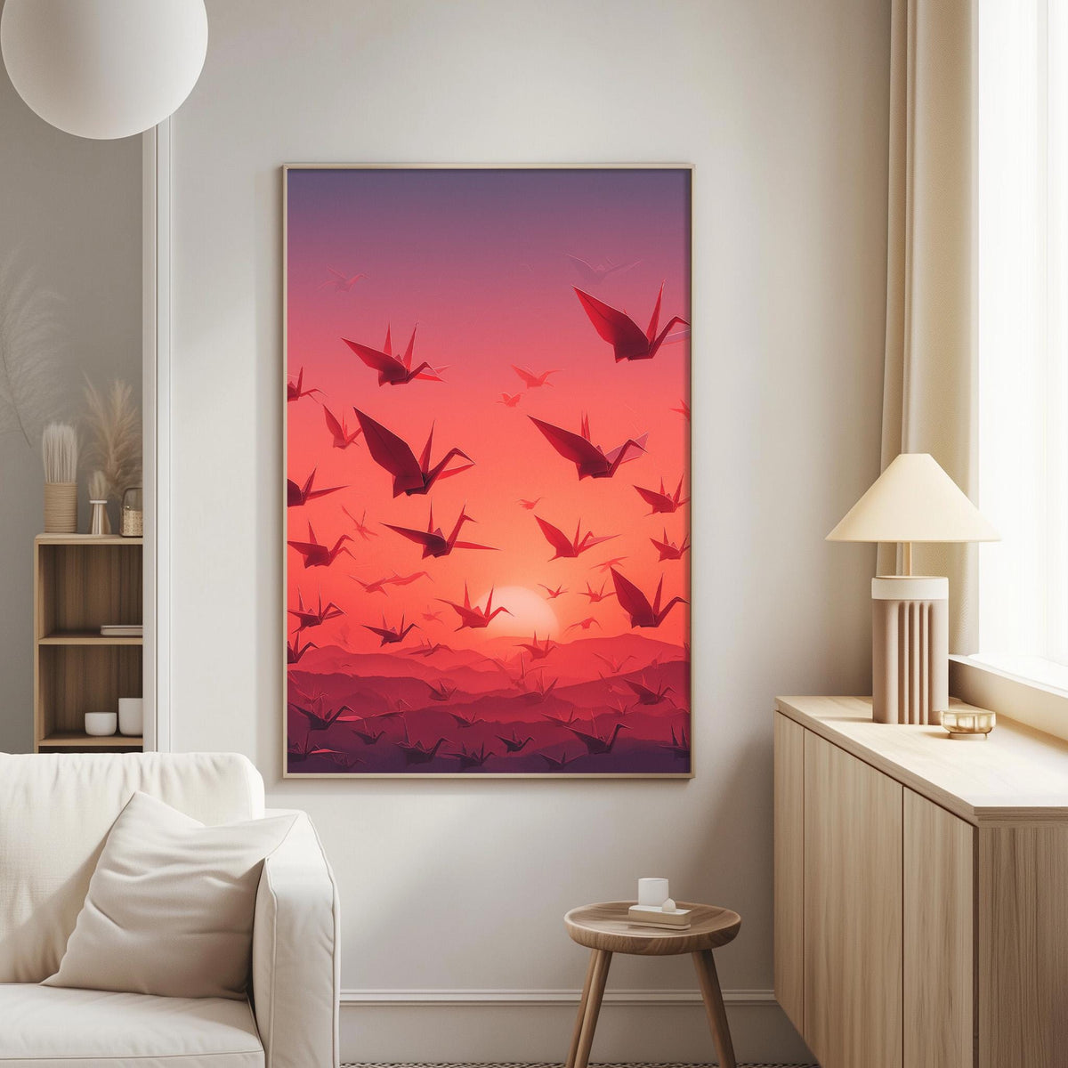 a large framed poster of a flock of red origami birds against a sunset-like background, hanging on a wall in a living room.