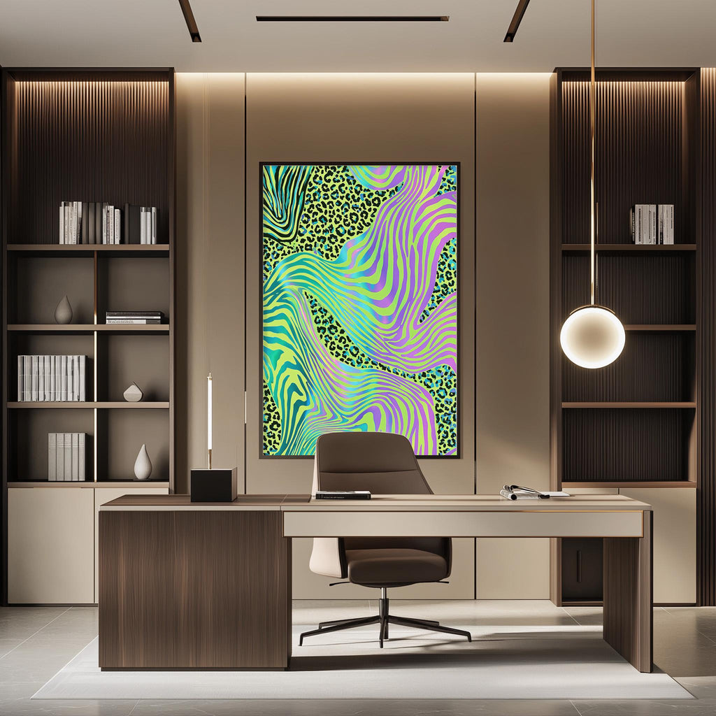 a modern and stylish office space with a large abstract painting featuring a vibrant mix of green, purple, and yellow colors on the wall behind a wooden desk. The desk is positioned in front of the painting, creating a visually appealing focal point in the room.